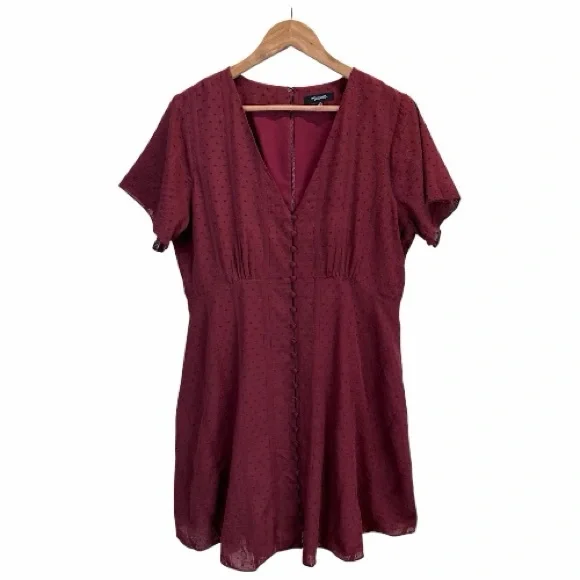 Madewell Burgundy Swiss Dot Mini Dress Button Front Cotton Cottagecore 12 - Picture 3 of 13